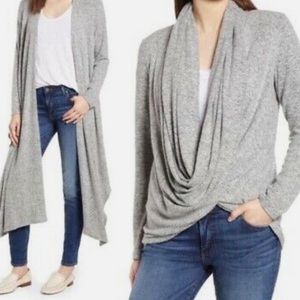 GibsonLook gray and white stripe cozy long wrap sweater